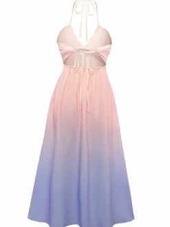 Clearance Retro Stage 1940s Ombre Deep V-Neck Halter Dress Multicolor