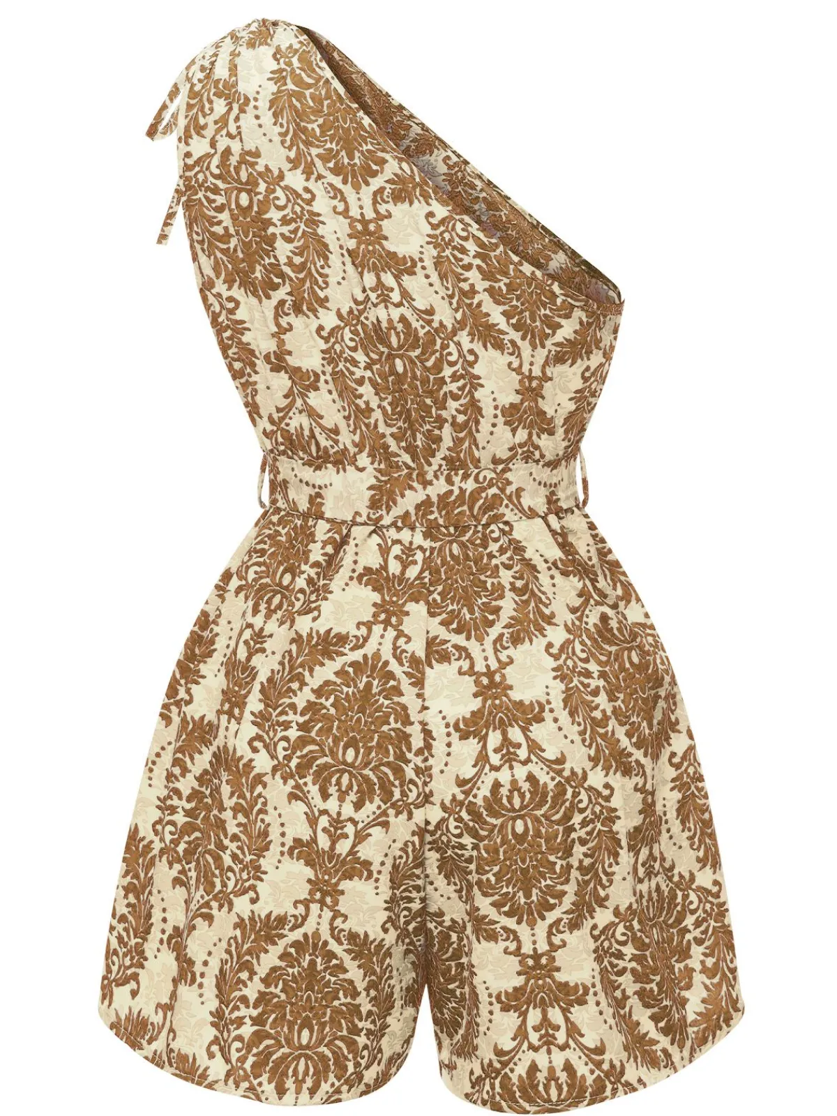 Online Retro Stage 1950s One Shoulder Floral Print Belted Romper Light Brown