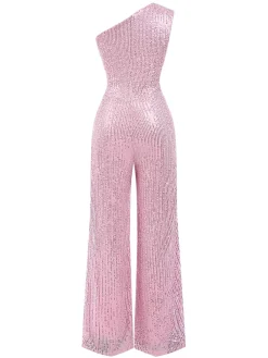 Fashion Retro Stage 1930s One Shoulder Glitter Solid Jumpsuit