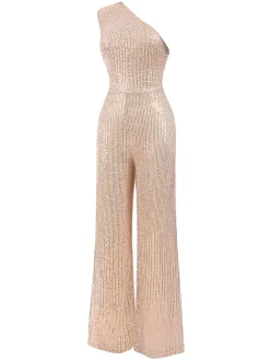Fashion Retro Stage 1930s One Shoulder Glitter Solid Jumpsuit