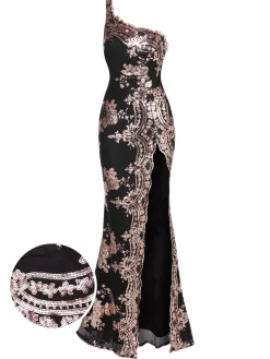 Best Retro Stage 1930s One Shoulder Sequined Floral Slit Dress