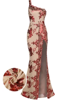 Best Retro Stage 1930s One Shoulder Sequined Floral Slit Dress