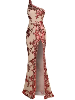 Best Retro Stage 1930s One Shoulder Sequined Floral Slit Dress