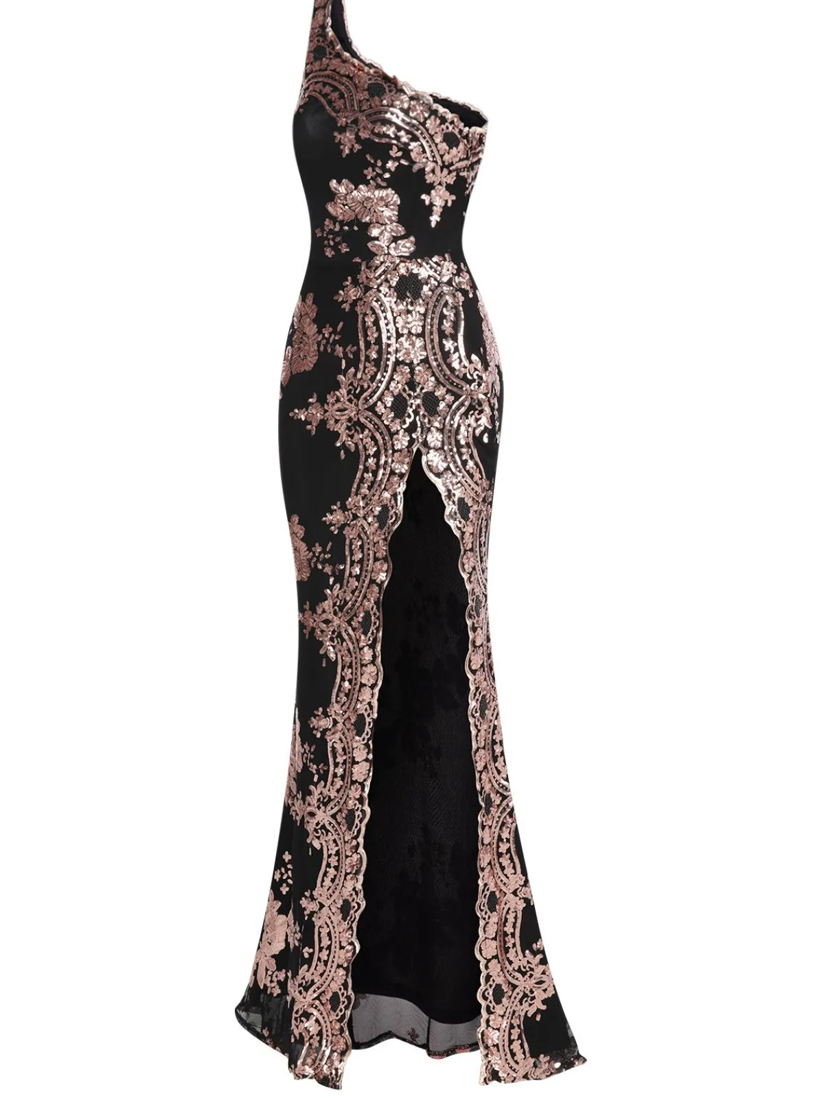 Best Retro Stage 1930s One Shoulder Sequined Floral Slit Dress