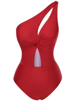 Discount Retro Stage 1930s One-Shoulder Cut-Out Solid One-Piece Swimsuit