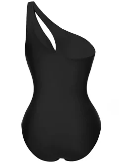 Discount Retro Stage 1930s One-Shoulder Cut-Out Solid One-Piece Swimsuit