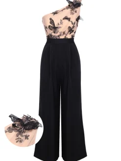Discount Retro Stage 1930s One-shoulder Lace Butterfly Jumpsuit Black