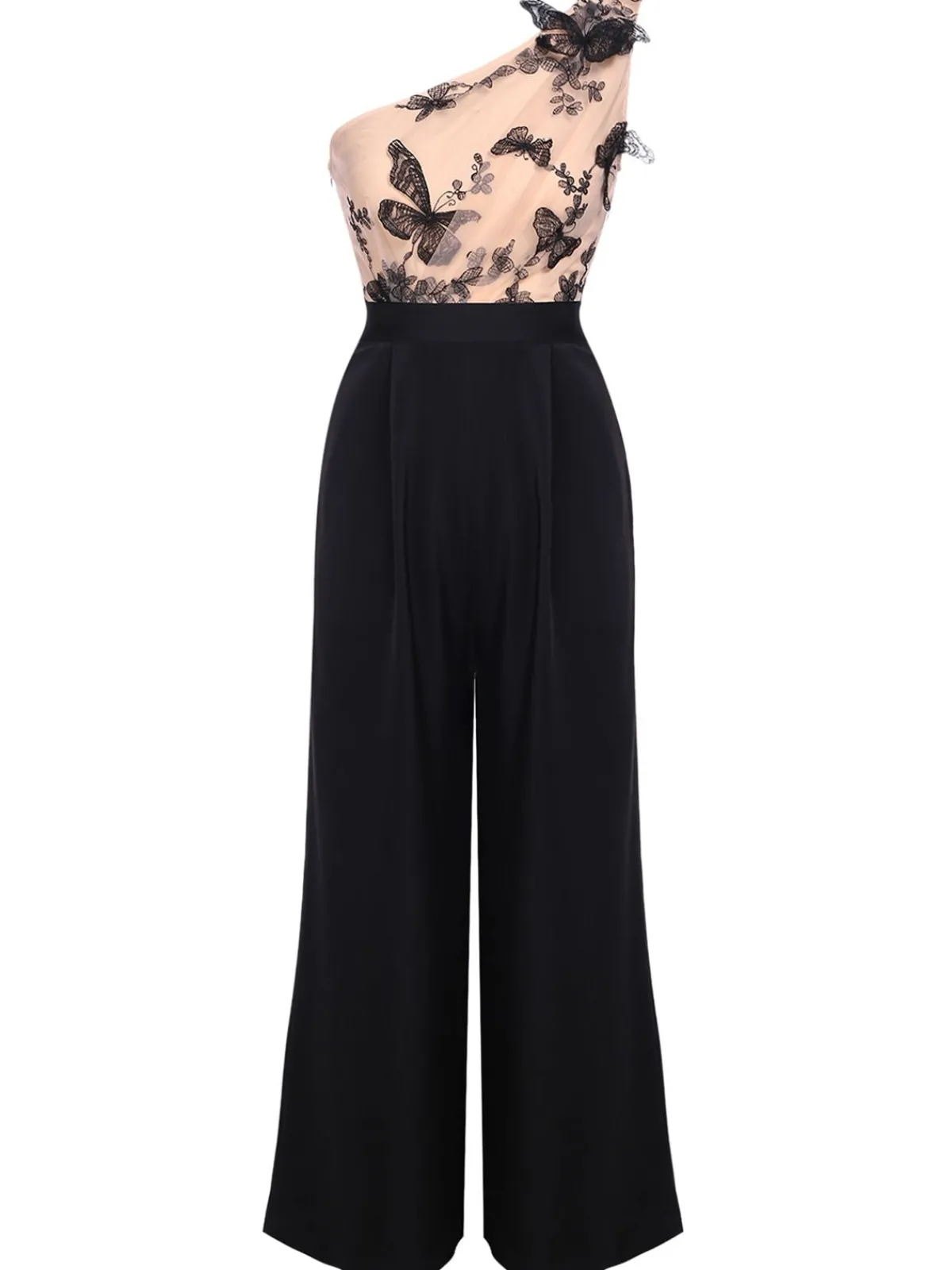 Discount Retro Stage 1930s One-shoulder Lace Butterfly Jumpsuit Black
