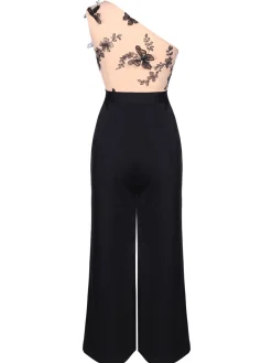 Discount Retro Stage 1930s One-shoulder Lace Butterfly Jumpsuit Black