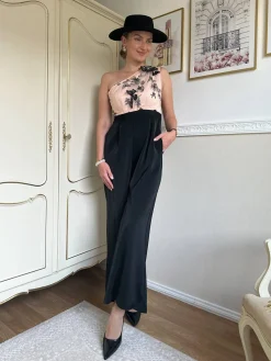 New Retro Stage 1950s One-shoulder Lace Butterfly Jumpsuit Black