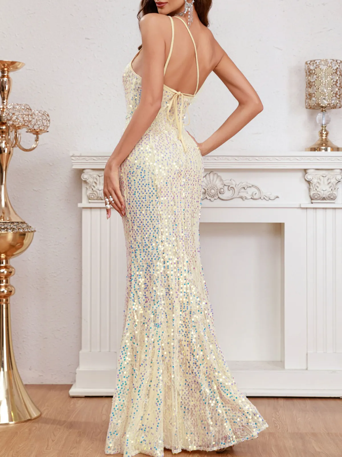 Fashion Retro Stage 1920s One-Shoulder Sequined Evening Dress Beige