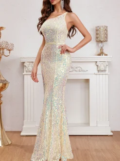 Fashion Retro Stage 1920s One-Shoulder Sequined Evening Dress Beige