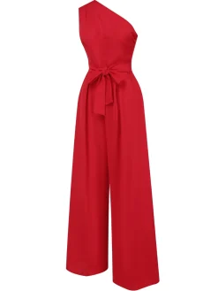 Discount Retro Stage 1930s One-Shoulder Solid Bind Jumpsuit