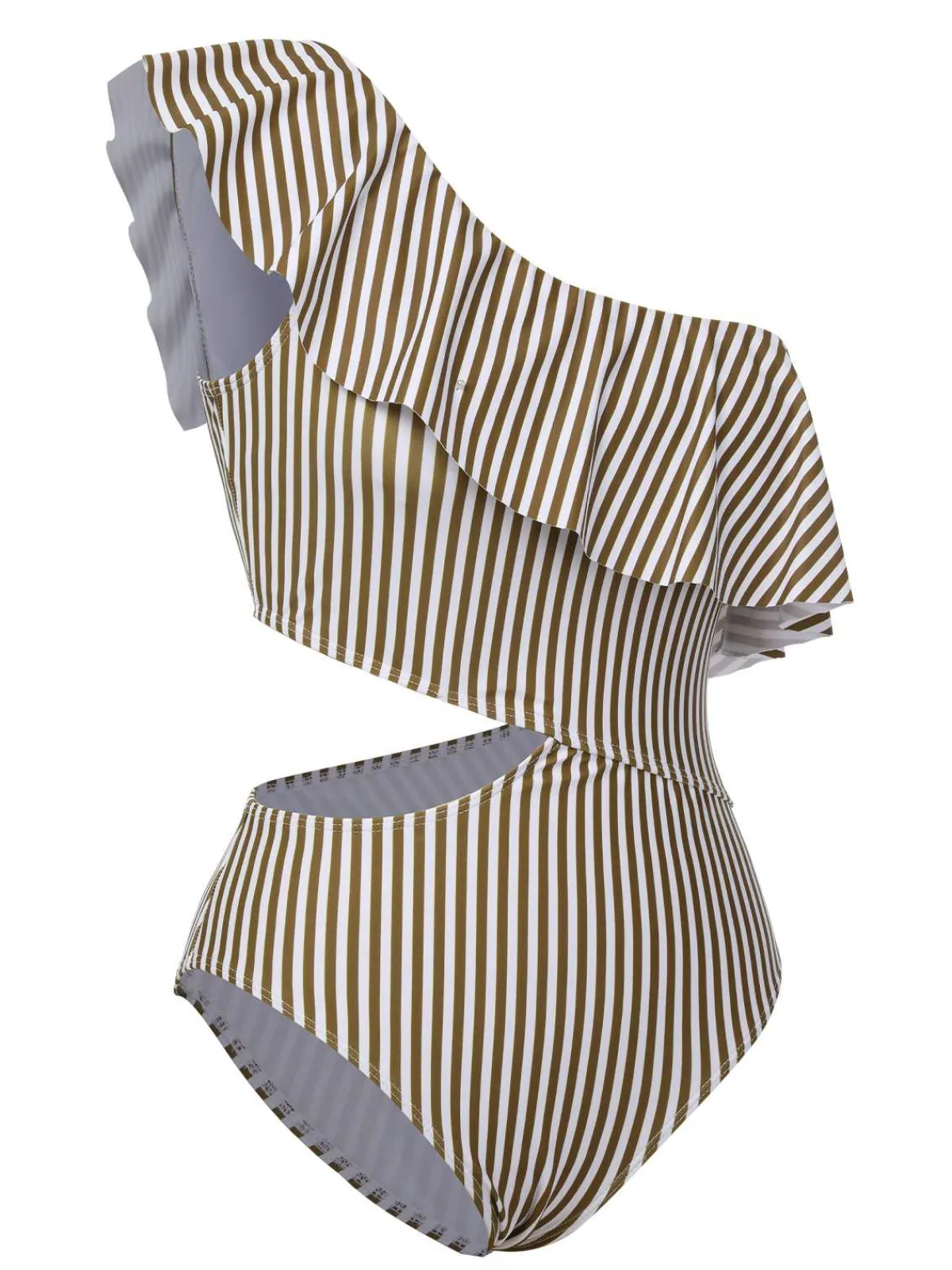 Fashion Retro Stage 1970s One-Shoulder Stripes Ruffles One-Piece Swimsuit Brown