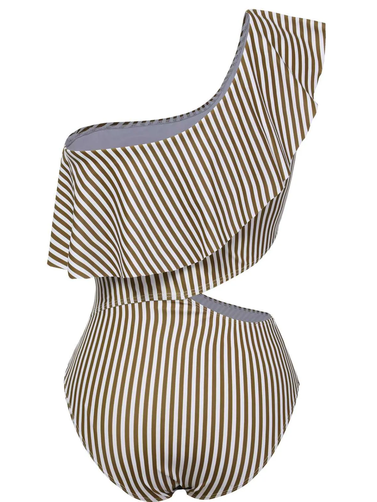 Fashion Retro Stage 1970s One-Shoulder Stripes Ruffles One-Piece Swimsuit Brown