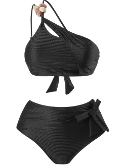 Discount Retro Stage 1950s One-Shoulder Textured Fabric Beading Bikini Set