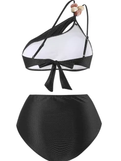 Discount Retro Stage 1950s One-Shoulder Textured Fabric Beading Bikini Set