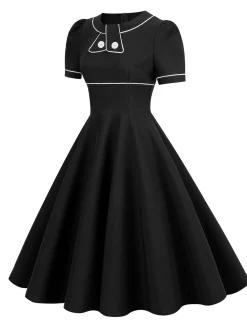 Discount Retro Stage 1950s Patchwork Button Swing Vintage Dress