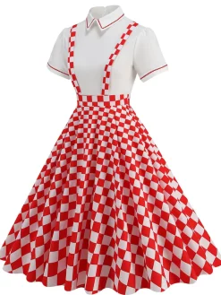 Sale Retro Stage 1950s Patchwork Lapel Collar Suspender Dress