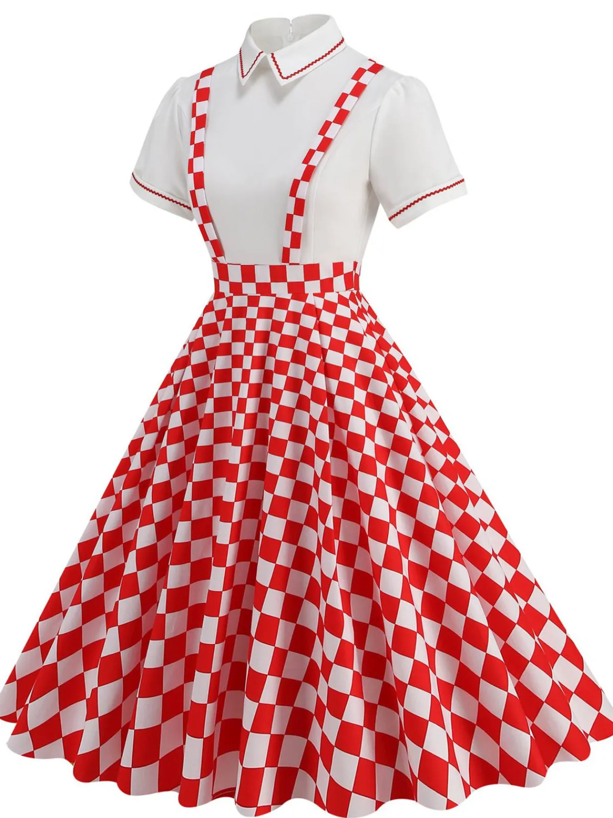 Sale Retro Stage 1950s Patchwork Lapel Collar Suspender Dress