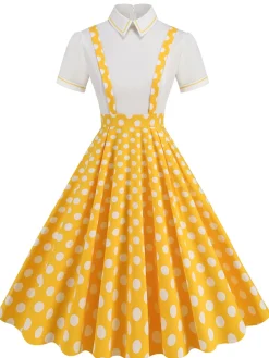 Sale Retro Stage 1950s Patchwork Lapel Collar Suspender Dress