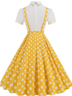 Sale Retro Stage 1950s Patchwork Lapel Collar Suspender Dress