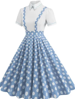 Sale Retro Stage 1950s Patchwork Lapel Collar Suspender Dress