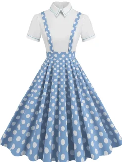Sale Retro Stage 1950s Patchwork Lapel Collar Suspender Dress