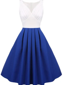 Fashion Retro Stage 1950s Patchwork Pleated Swing Dress White