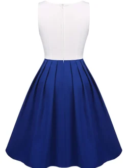 Fashion Retro Stage 1950s Patchwork Pleated Swing Dress White