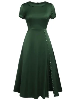 Discount Retro Stage 1940s Pearl Buttons Solid Darlene Dress