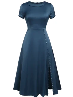 Discount Retro Stage 1940s Pearl Buttons Solid Darlene Dress