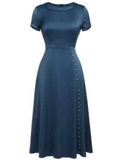 Discount Retro Stage 1940s Pearl Buttons Solid Darlene Dress