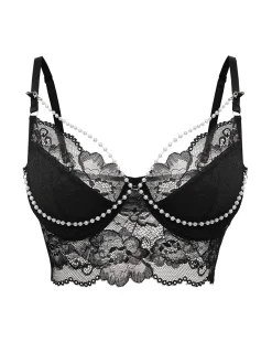 Hot Retro Stage 1940s Pearl Chain Floral Lace Crop Camisole