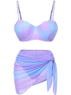 Clearance Retro Stage 1960s Pearl-Strap Shell Ombre Bikini Set Blue