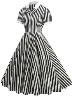 Best Retro Stage 1950s Peter Pan Collar & White Stripes Dress Black