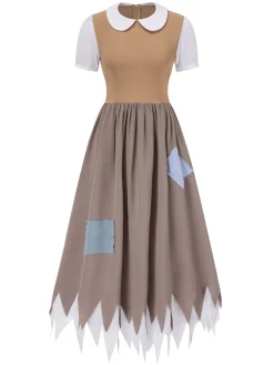 Sale Retro Stage 1940s Peter Pan Collar Patchwork Midi Dress Multicolor