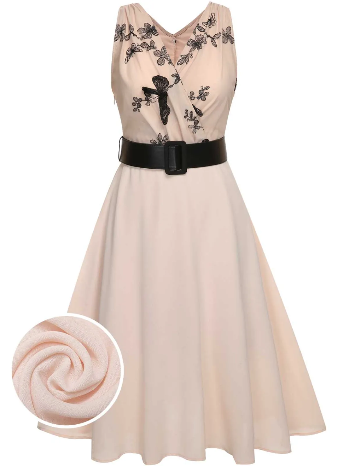 Discount Retro Stage 1950s Butterfly Sleeveless Dress With Belt Pink