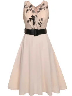 Discount Retro Stage 1950s Butterfly Sleeveless Dress With Belt Pink