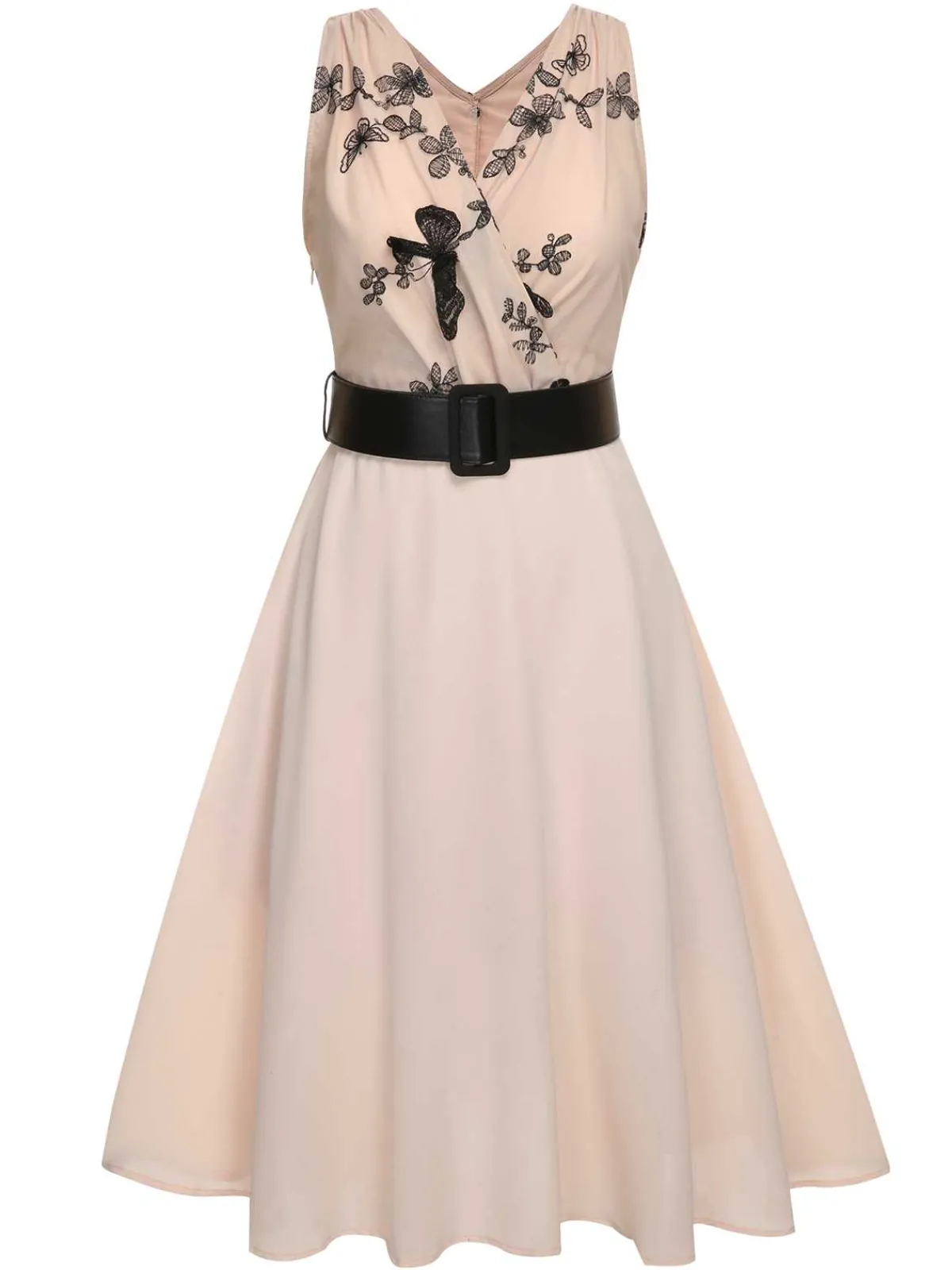 Discount Retro Stage 1950s Butterfly Sleeveless Dress With Belt Pink