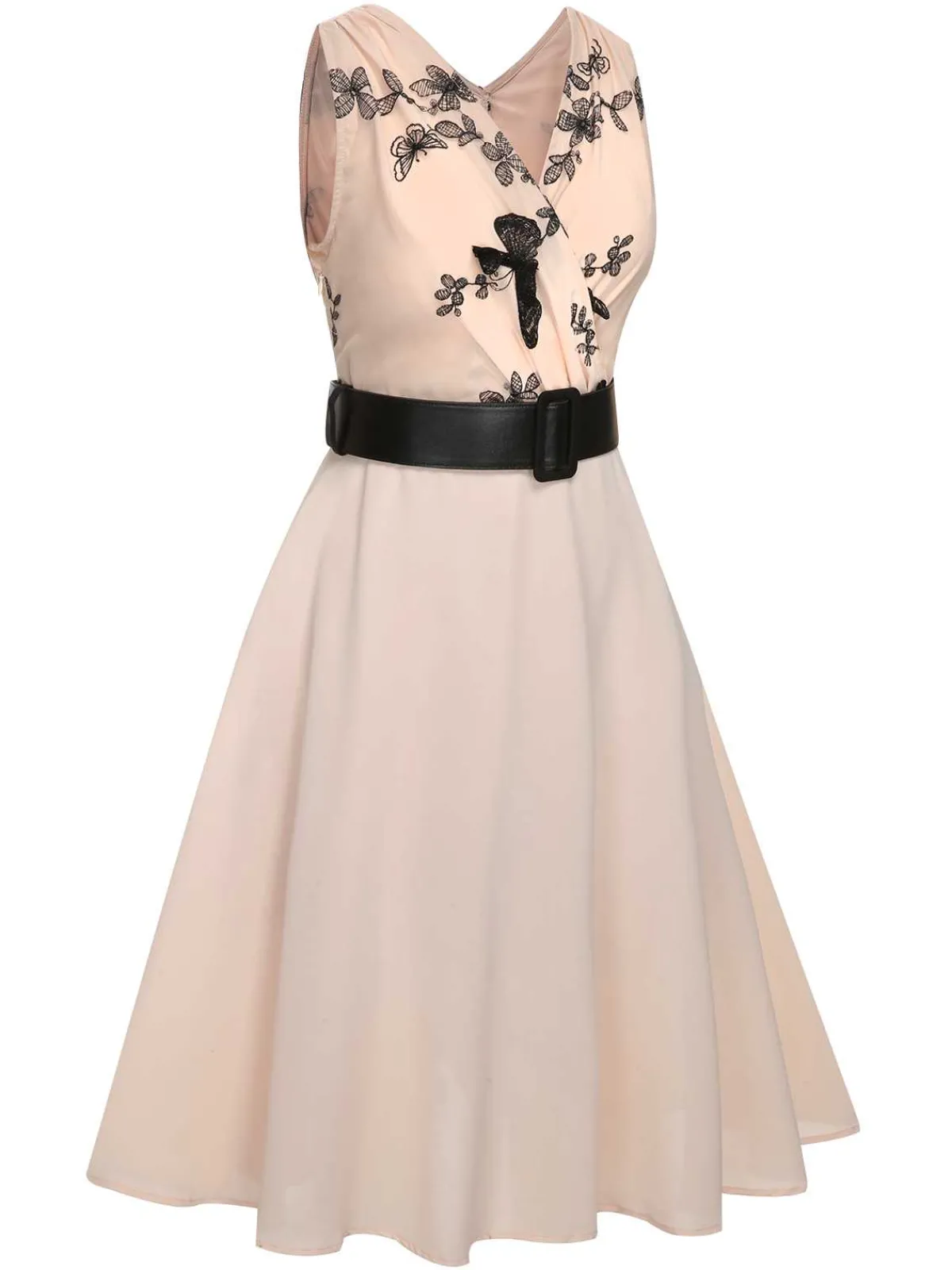 Discount Retro Stage 1950s Butterfly Sleeveless Dress With Belt Pink