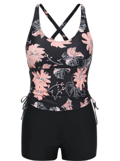 Best Retro Stage 1930s Pink Floral Lace-Up Tankini Pink Flower