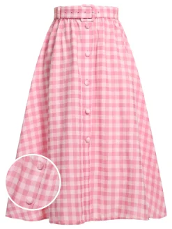 Online Retro Stage 1950s Plaid Button Skirt With Belt Pink