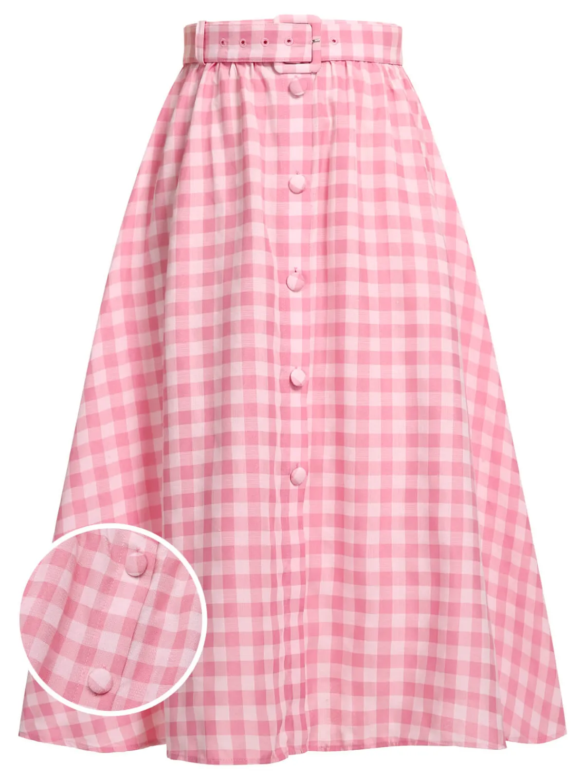 Online Retro Stage 1950s Plaid Button Skirt With Belt Pink