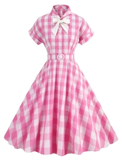 Best Retro Stage 1950s Plaid Bow Lapel Swing Dress