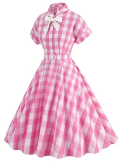 Best Retro Stage 1950s Plaid Bow Lapel Swing Dress
