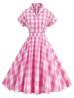 Best Retro Stage 1950s Plaid Bow Lapel Swing Dress
