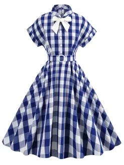 Best Retro Stage 1950s Plaid Bow Lapel Swing Dress