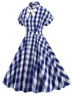 Best Retro Stage 1950s Plaid Bow Lapel Swing Dress