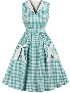 Discount Retro Stage 1950s Plaid Bow Pockets Lapel Dress